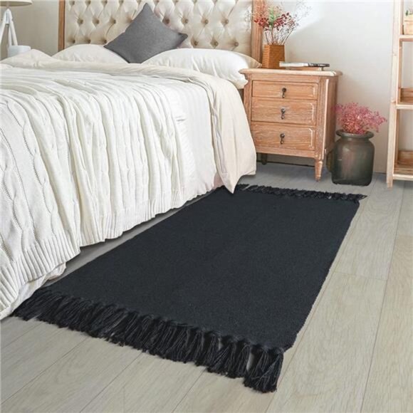 Black Kitchen Rug, Cotton Hand Woven Recycled Throw Rug Runner - Picture 5 of 8